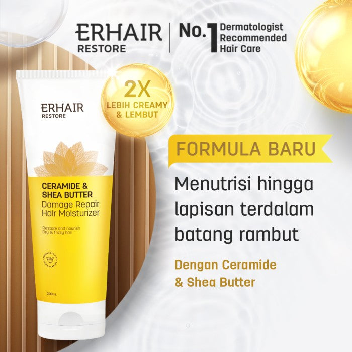 ERHAIR Restore Damage Repair Hair Moisturizer 200 ml - Conditioner Rambut Rusak & Kering | Ceramide & Keratin | Anti Kusut Anti Patah |Rambut berkilau Anti Frizzy