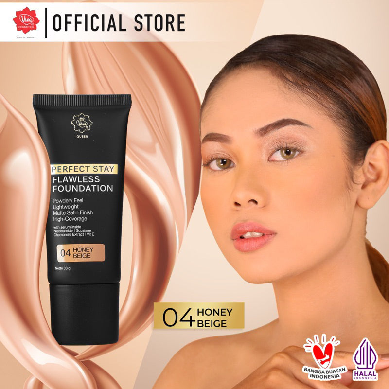 Viva Queen Perfect Stay SERUM Flawless Foundation with NIACINAMIDE, UV FILTER, VIT E & Chamomile Extract (30gr) – High Coverage, Transferproof, Lightweight & Matte Satin Finish (tersedia 5 varian warna)