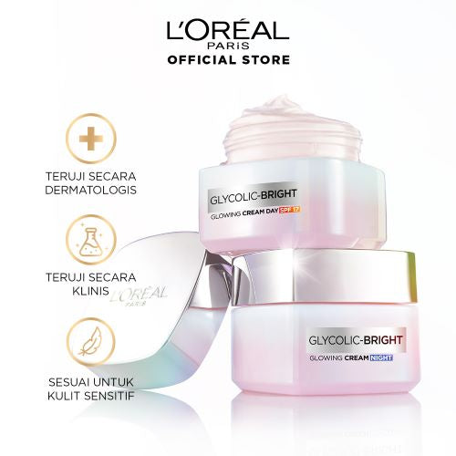 L'Oreal Paris Glycolic Bright Glowing Skincare Day Cream & Night Cream 15 ml Krim L'Oreal Untuk Mencerahkan & Menyamarkan Noda Hitam Dalam 2 Minggu
