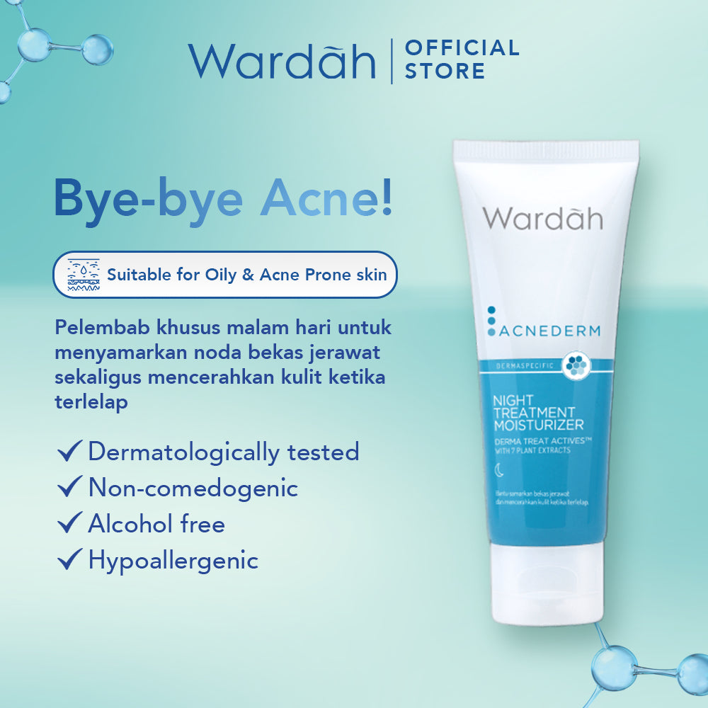 WARDAH Acnederm Night Treatment Moisturizer 40 ml - Pelembab Wajah Berjerawat dengan BHA - Krim Malam untuk Mencerahkan Kulit - Untuk Semua Jenis Kulit - Skincare