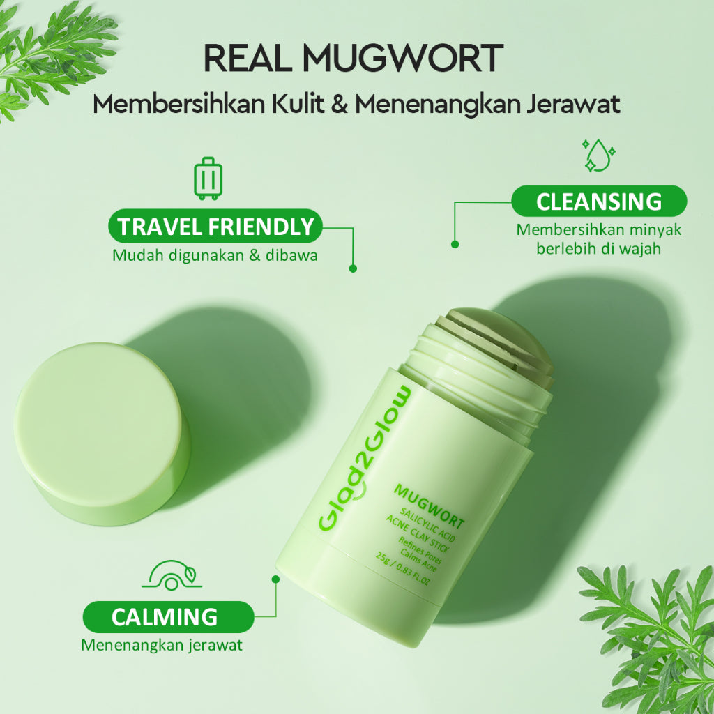 Glad2Glow Mugwort Salicylic Acid Acne Clay Stick Masker Wajah Masker Jerawat Masker Acne Masker Stick Glad2Glow Clay Stik G2G Masker Hijau Anti Pores Acne Jerawat Komedo Cleansing Masker Centella Mud Mask Facial Masker Mugwort Mask G2Glow Official Store