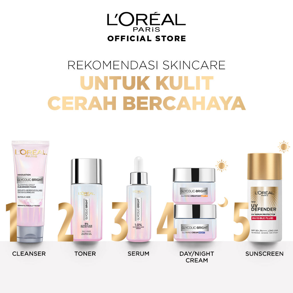 L'Oreal Paris Glycolic Bright Glowing - Toner 65ml & Serum 15ml - Kulit Cerah, Glowing & Noda Hitam Tersamarkan   Kulit Kusam, Noda Hitam, Bekas Jerawat, Eksfoliasi  Brightening