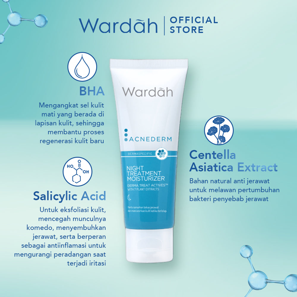 WARDAH Acnederm Night Treatment Moisturizer 40 ml - Pelembab Wajah Berjerawat dengan BHA - Krim Malam untuk Mencerahkan Kulit - Untuk Semua Jenis Kulit - Skincare