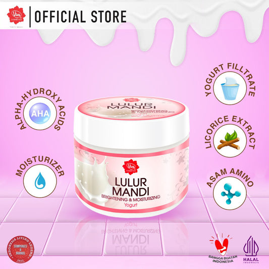 Viva Lulur Mandi Brightening & Moisturizing (Body Scrub) Yogurt with Licorice Extract, Alpha Hydroxy Acids & Moisturizer - 225gr (WHITENING & GLOWING)