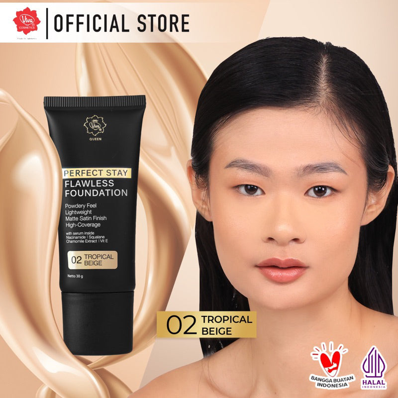Viva Queen Perfect Stay SERUM Flawless Foundation with NIACINAMIDE, UV FILTER, VIT E & Chamomile Extract (30gr) – High Coverage, Transferproof, Lightweight & Matte Satin Finish (tersedia 5 varian warna)