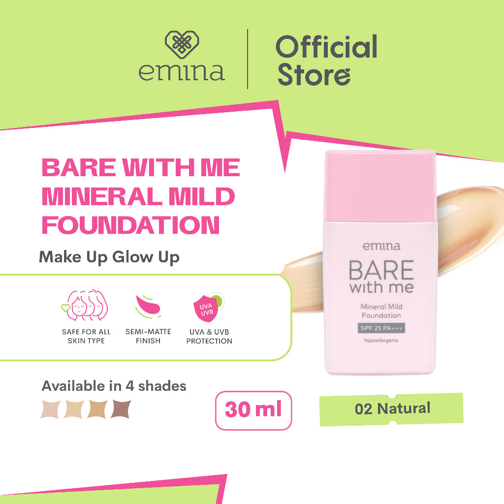 Emina Bare with Me Mineral Mild Foundation 30 mL - Semi Matte Finish, Perlindungan terhadap Sinar UV
