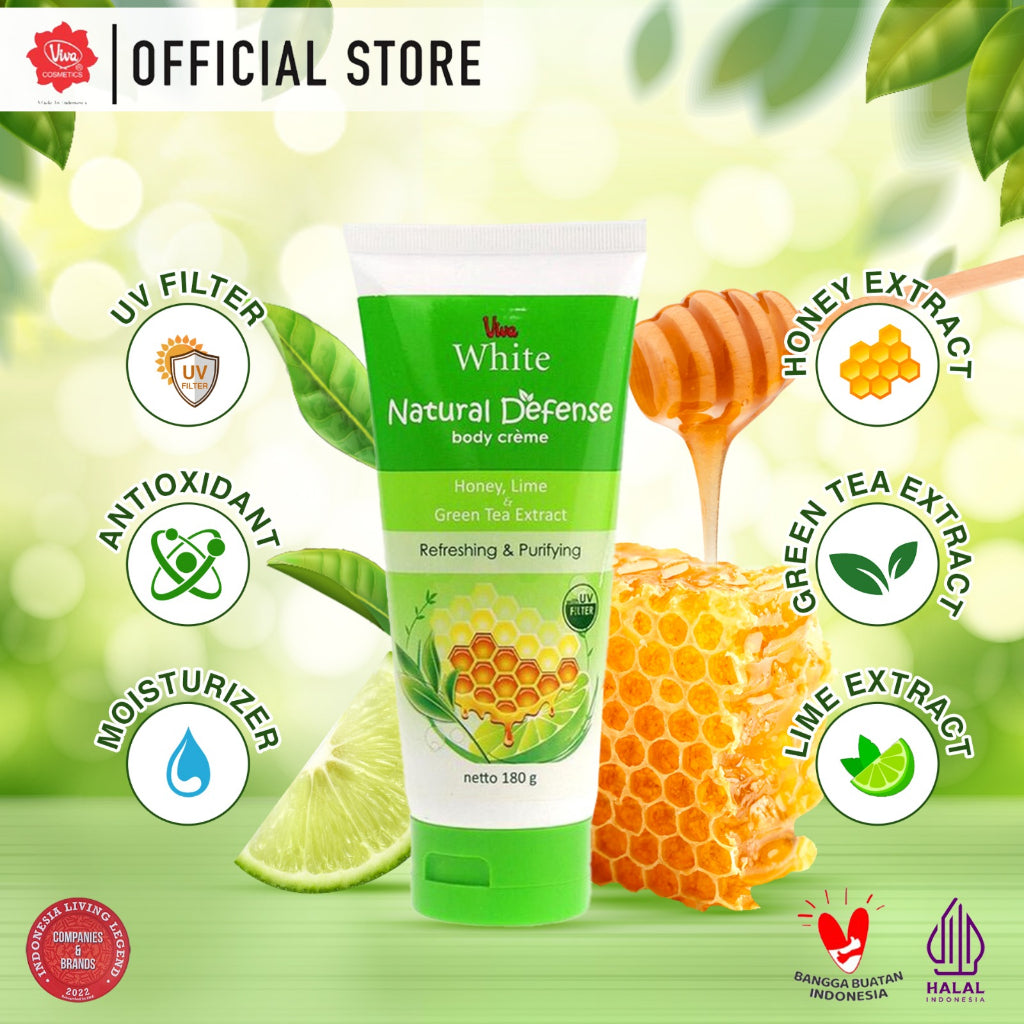Viva White Natural Defense REFRESHING & PURIFYING Body Creme with UV FILTER, Honey Lime & Green Tea Extract (ANTIOXIDANT) & Moisturizer - 180gr