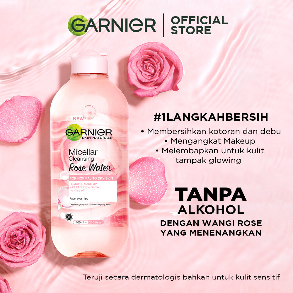 (PAKET HEMAT ISI 3) Garnier Micellar Cleansing Rose Water Skin Care - 125ml (Pembersih Wajah & Make up Mengandung Air Mawar Untuk Kulit Bersih dan Bercahaya)