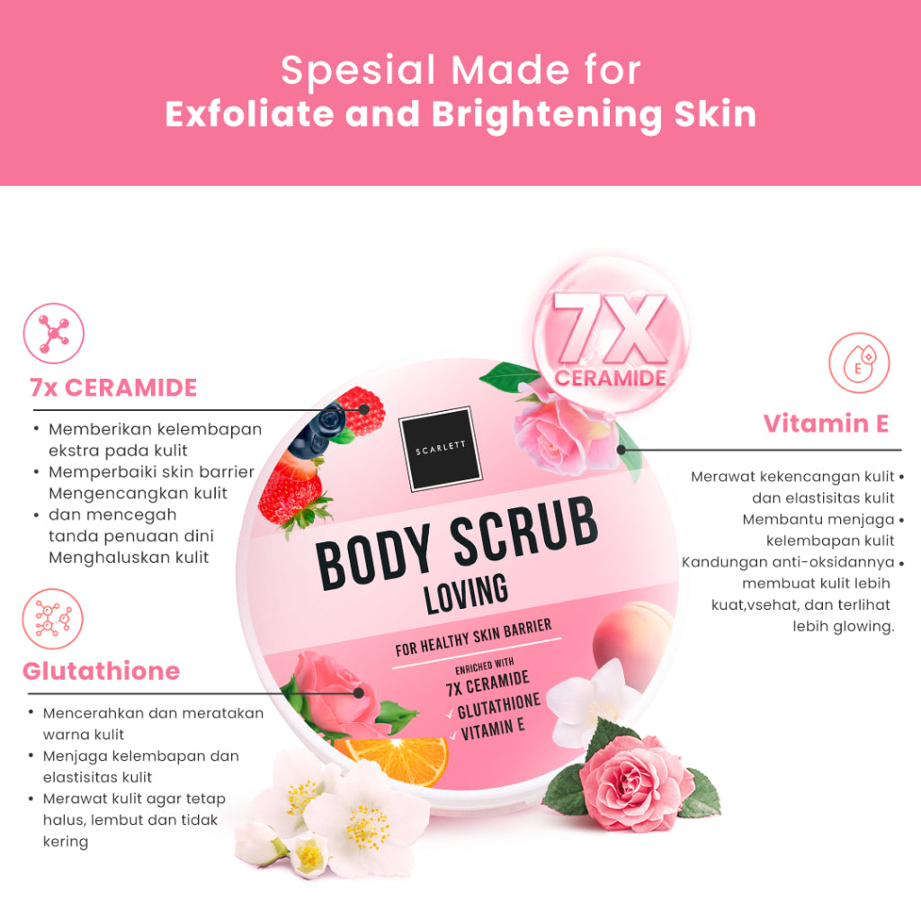 Scarlett Whitening Loving Body Scrub - Lulur Scrub for Lightening Body dengan 7X Ceramide untuk Mencerahkan Melembabkan Menutrisi Kulit sekaligus Merawat Skin Barrier dengan Aroma Wangi Mewah || Efektif Meratakan Kulit Belang & Pemutih Kulit
