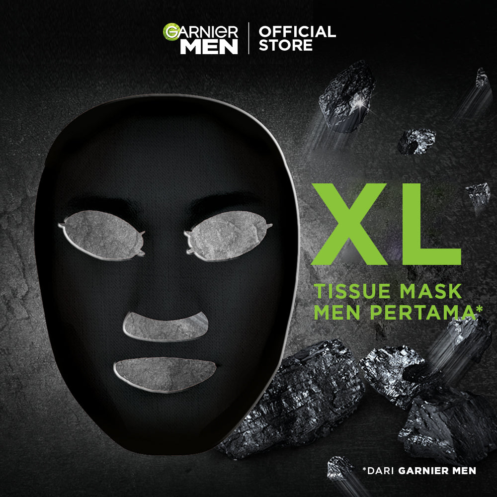 (PAKET HEMAT ISI 3) Garnier Men Masker Wajah Turbo Bright XL Charcoal Tissue Mask (Masker Perawatan Wajah Pria Tampak Lebih Cerah dalam 15 Menit!)