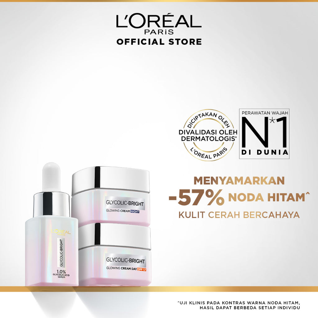 L’Oreal Paris Glycolic Bright Skincare Kit 3 Pcs 15ml – Serum, Day and Night Moisturizer AHA Glycolic Acid Peeling Brightening Untuk Melembabkan dan Mencerahkan Loreal