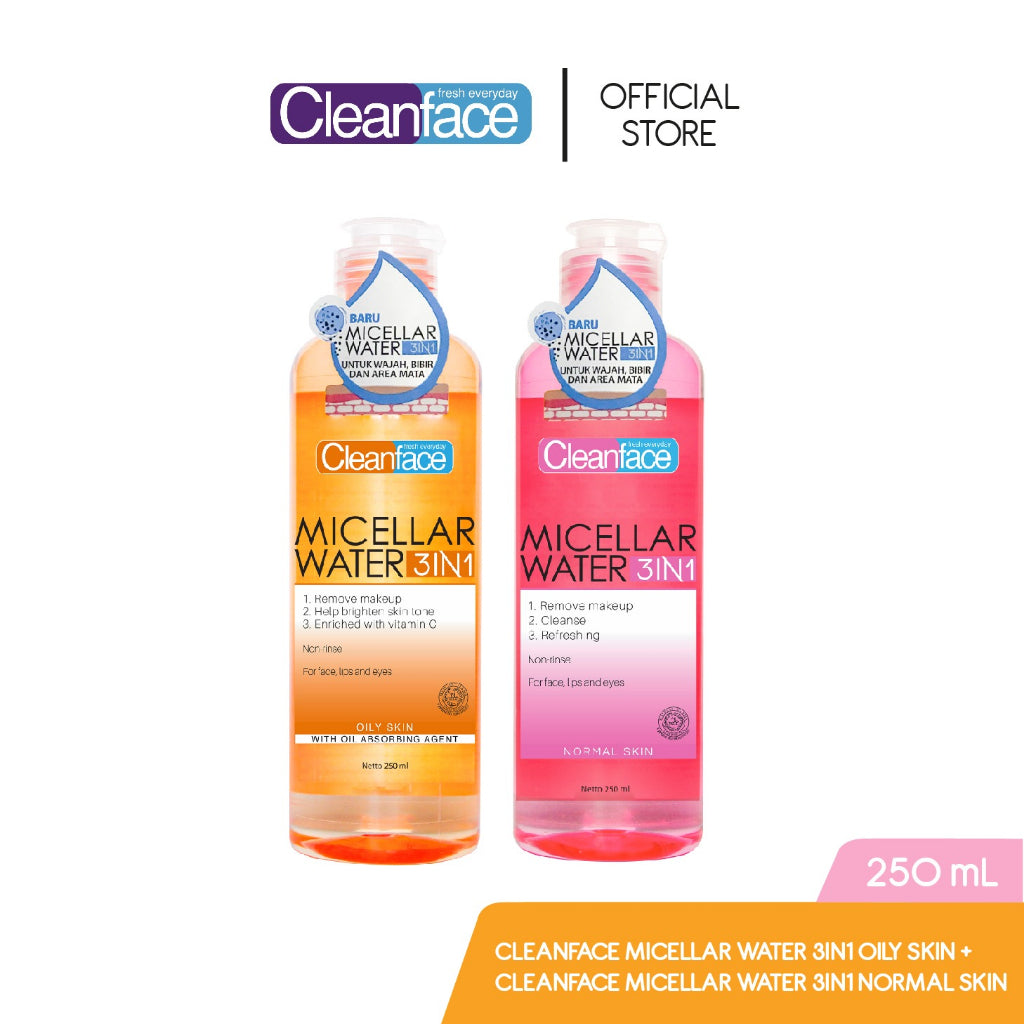 [Bundle Hemat] Cleanface Micellar Water 3in1 For Oily Skin and Normal Skin 250 ml / Pembersih Wajah / Pembersih Makeup Waterproof