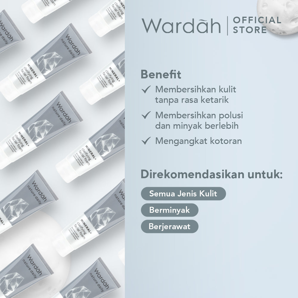 WARDAH Nature Daily Mineral+ Clarifying Facial Foam - Facial Wash Untuk Membersihkan Debu dan Minyak - Dilengkapi CarboActiv - Mengurangi Pertumbuhan Jerawat - Skincare