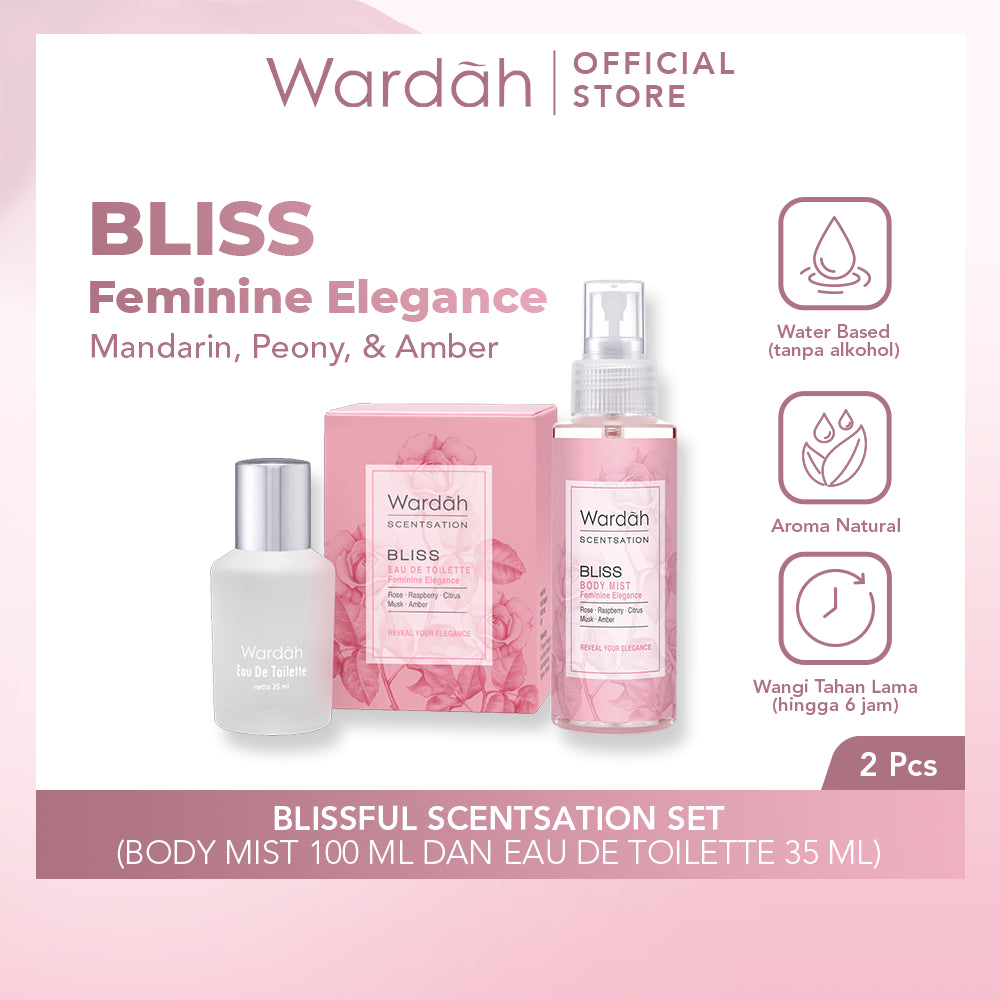 Wardah Blissful Scentsation Set - Scentsation Bliss Body Mist 100 ml & Scentsation Bliss Eau De Toilette 35 ml - Set Perfume dan Cologne - Feminine Elegance - Parfum Wanita dengan Wangi Floral - Tahan Lama Tanpa Alkohol