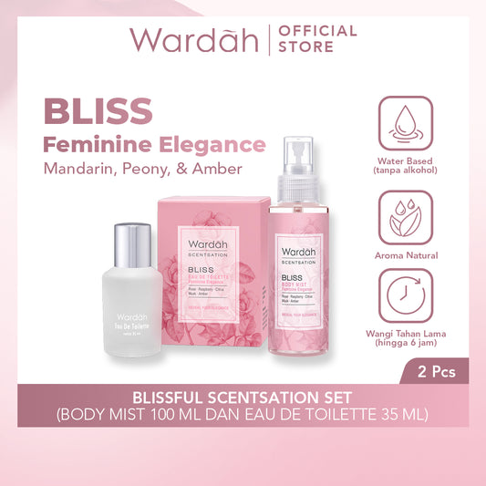 Wardah Blissful Scentsation Set - Scentsation Bliss Body Mist 100 ml & Scentsation Bliss Eau De Toilette 35 ml - Set Perfume dan Cologne - Feminine Elegance - Parfum Wanita dengan Wangi Floral - Tahan Lama Tanpa Alkohol