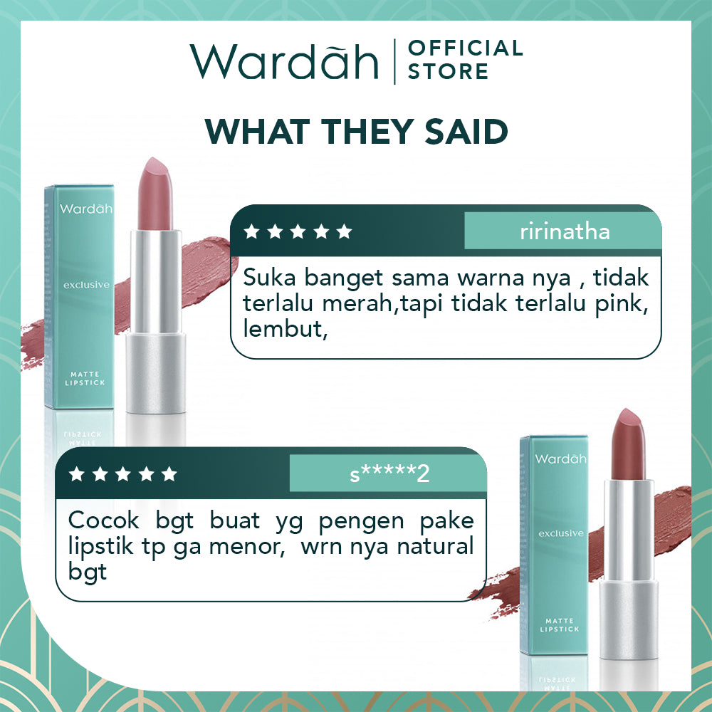 WARDAH Exclusive Matte Lipstick - Warna Intense dalam Sekali Oles - Pigmented Tahan Lama dengan Hasil Akhir Soft Matte - Lembab dengan Vitamin E - Makeup
