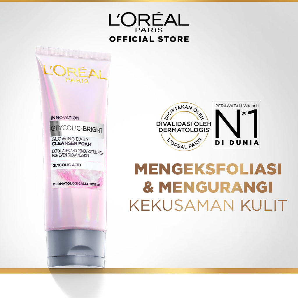 L'Oreal Paris Glycolic Bright Daily Cleanser Foam - 50/100ml Skin Facial Wash Loreal Glyco Acid AHA Exfoliating Anti Dark Spot Wajah Peeling Muka