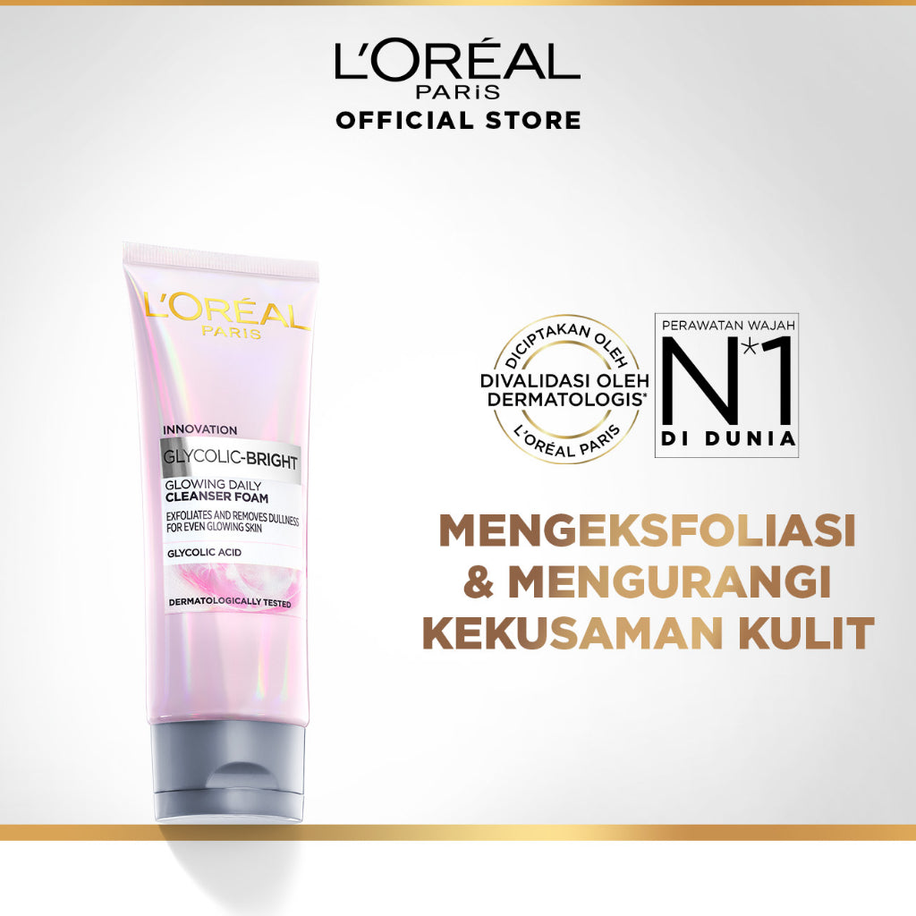 L'Oreal Paris Glycolic Bright Daily Cleanser Foam - 50/100ml Skin Facial Wash Loreal Glyco Acid AHA Exfoliating Anti Dark Spot Wajah Peeling Muka