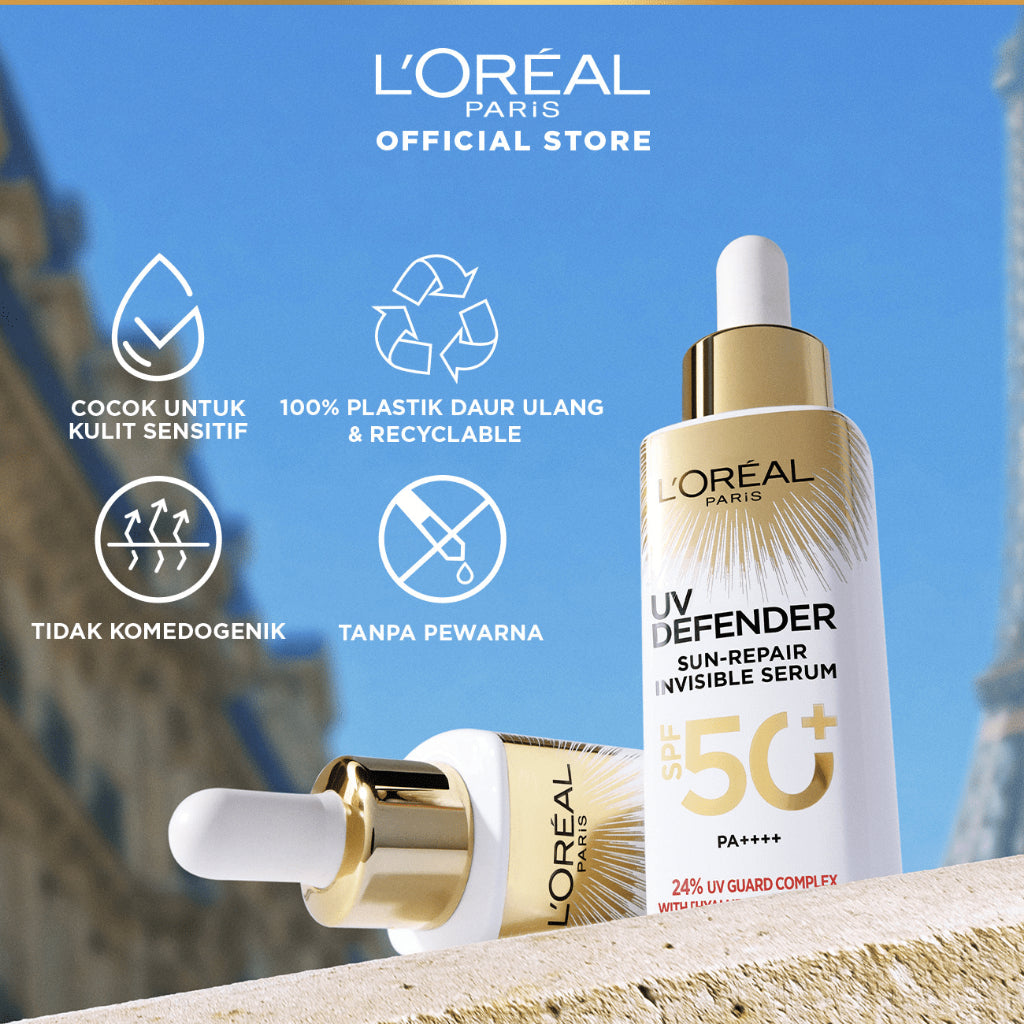 L'Oreal Paris UV Serum Sunscreen SPF 50+ PA++++ - UV Defender Sun-Repair Invisible Serum 2-in-1 Skincare 30ml, Sun Screen, sunblock, suncream, anti aging, loreal sunscreen, serum brightening mencerahkan wajah
