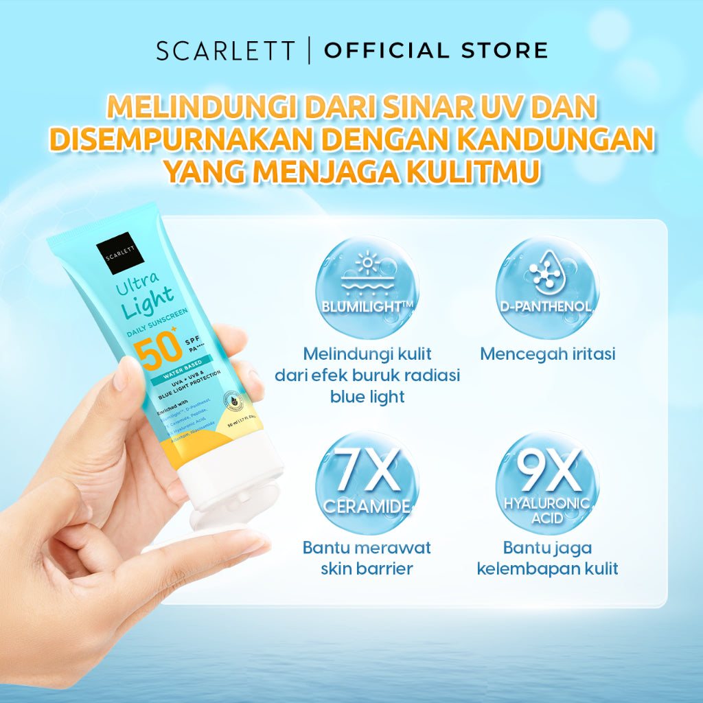 SCARLETT [Oily Skin Friendly] Twin Pack Ultra Light Daily Sunscreen SPF 50+ PA++++ [Water Based] Meresap 20an Detik (Super Ringan) dengan Niacinamide 7X Ceramide 9X Hyaluronic Acid Gak Bikin Lengket No Whitecast Anti Kusam [Lolos Uji Invivo Invitro]