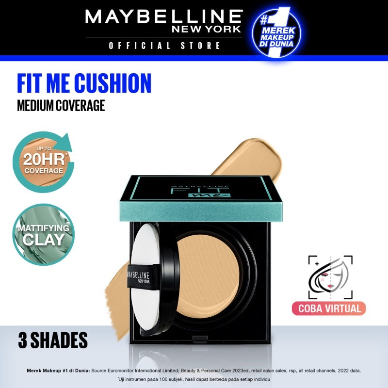 MAYBELLINE OFFICIAL Fit Me Matte+Poreless Cushion Foundation 14gr - Makeup Ringan Full Coverage Oil Control tahan hingga 20HR
