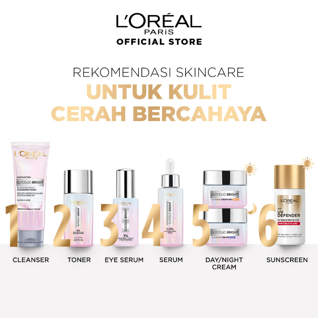L'Oreal Paris Glycolic Bright Glowing Skincare Set Mencerahkan - Facial Foam 50 ml, Toner 65ml, Serum 15ml, Day & Night Cream 15ml