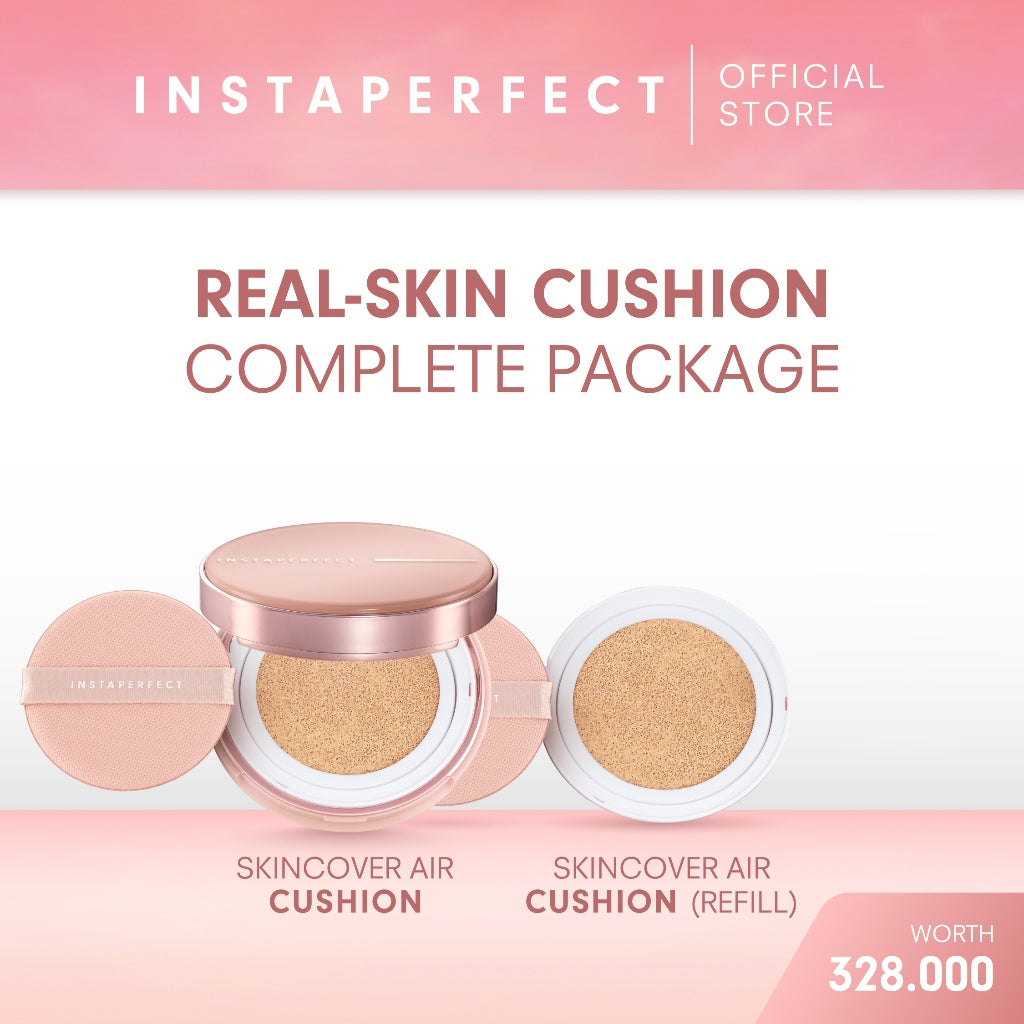 INSTAPERFECT Real Skin Cushion Complete Package (Skinover Air Cushion + Refill) Full Coverage Semi Matte Finish- Bundle Lengkap Make Up Tahan Lama