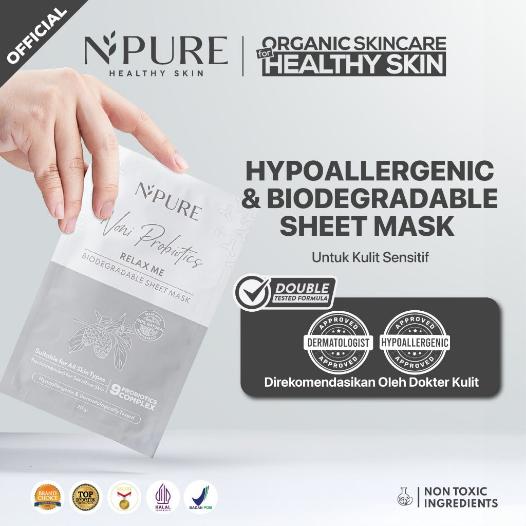 NPURE Sheet Mask Noni / Relax Me / Masker Wajah Kulit Sensitif Kemerahan Hypoallergenic / Biodegradable/ Ceramide