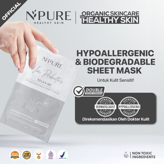 NPURE Sheet Mask Noni / Relax Me / Masker Wajah Kulit Sensitif Kemerahan Hypoallergenic / Biodegradable/ Ceramide