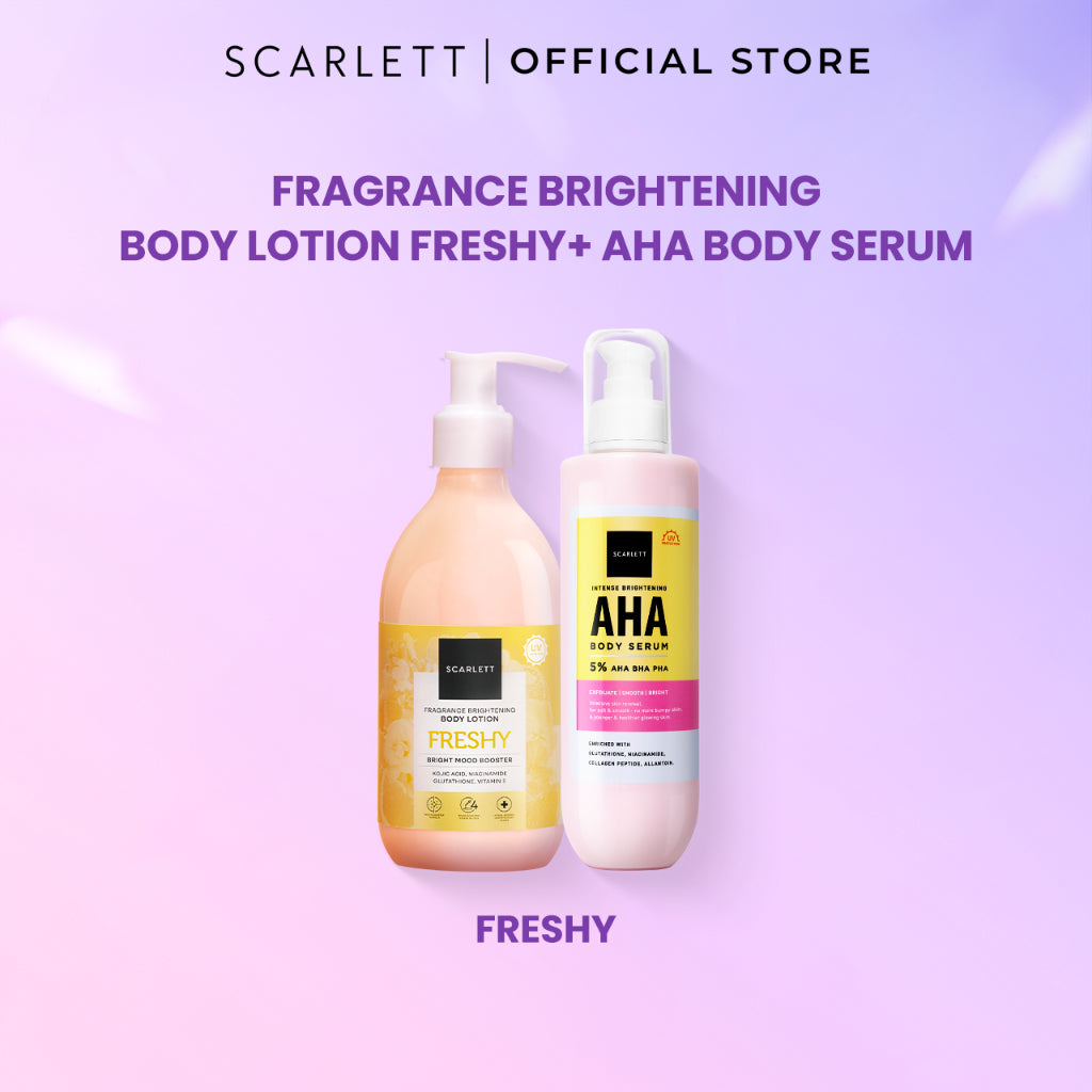 SCARLETT Bundle Intense Brightening AHA Body Serum + Fragrance Brightening Body Lotion Bright Mood Booster 5% AHA BHA PHA +4 Essential Oils 3x Brightening Power | Intense Membantu Mencerahkan Kulit Meratakan Warna Kulit Menenangkan Wangi Tahan Seharian