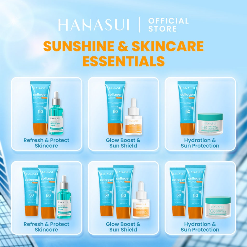 Hanasui Skincare Set | Collagen Water Sunscreen SPF 50 Power Bright Expert Serum Exfoliating Serum Ceramide Probiotics Moisturizer Gel Wajah Mencerahkan