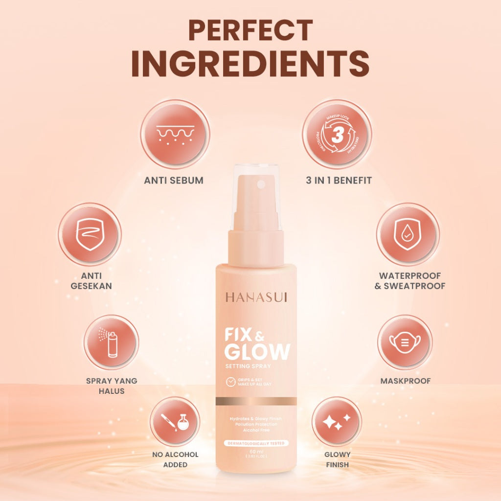 Hanasui Fix & Glow Setting Spray - Setting Spray Glowy Finish Make Up Menghidrasi Kulit MaskProof Tahan Lama