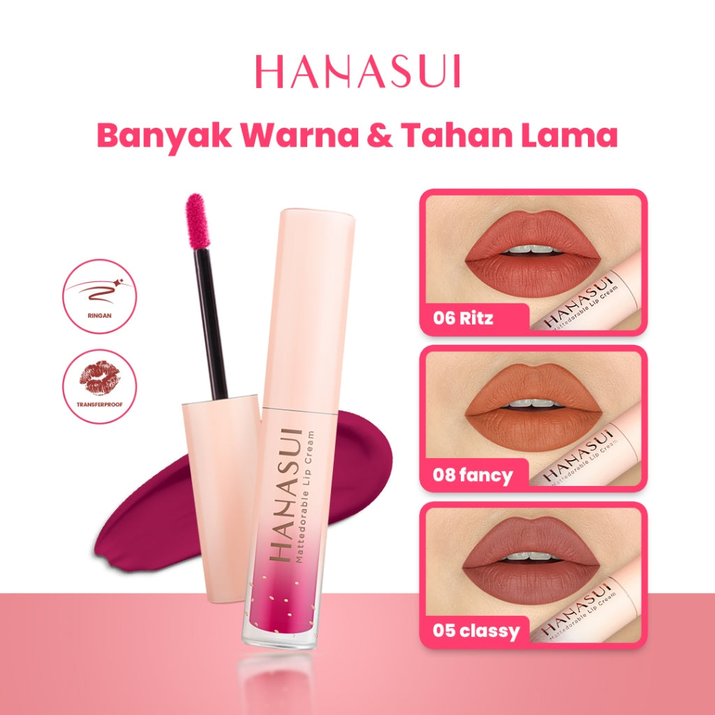 Hanasui Mattedorable Lip Cream - Velvet Matte Finish Melembabkan Ringan Tahan Lama Pigmented Olive Oil Vitamin E