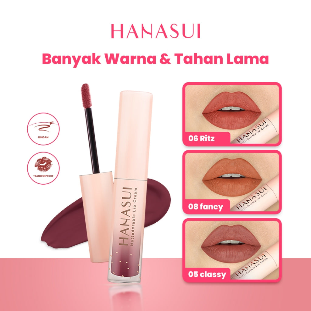 Hanasui Mattedorable Lip Cream - Velvet Matte Finish Melembabkan Ringan Tahan Lama Pigmented Olive Oil Vitamin E