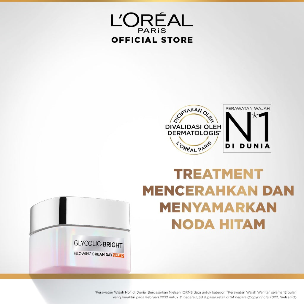 L'Oreal Paris Glycolic Bright Glowing Day Cream SPF 17/30 - 15/50ml (Krim Siang  Pelembab Loreal Glyco Acid AHA Exfoliating Anti Dark Spot Wajah Peeling Muka)