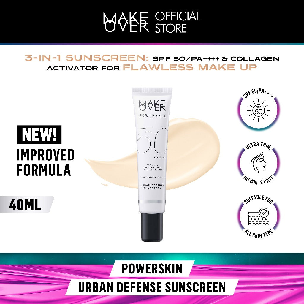 MAKE OVER Powerskin Urban Defense Sunscreen - Proteksi UVA UVB SPF50 PA++++ invisible tidak berwarna ringan tidak whitecast tidak flashback tidak lengket cocok semua warna kulit semua tipe make up