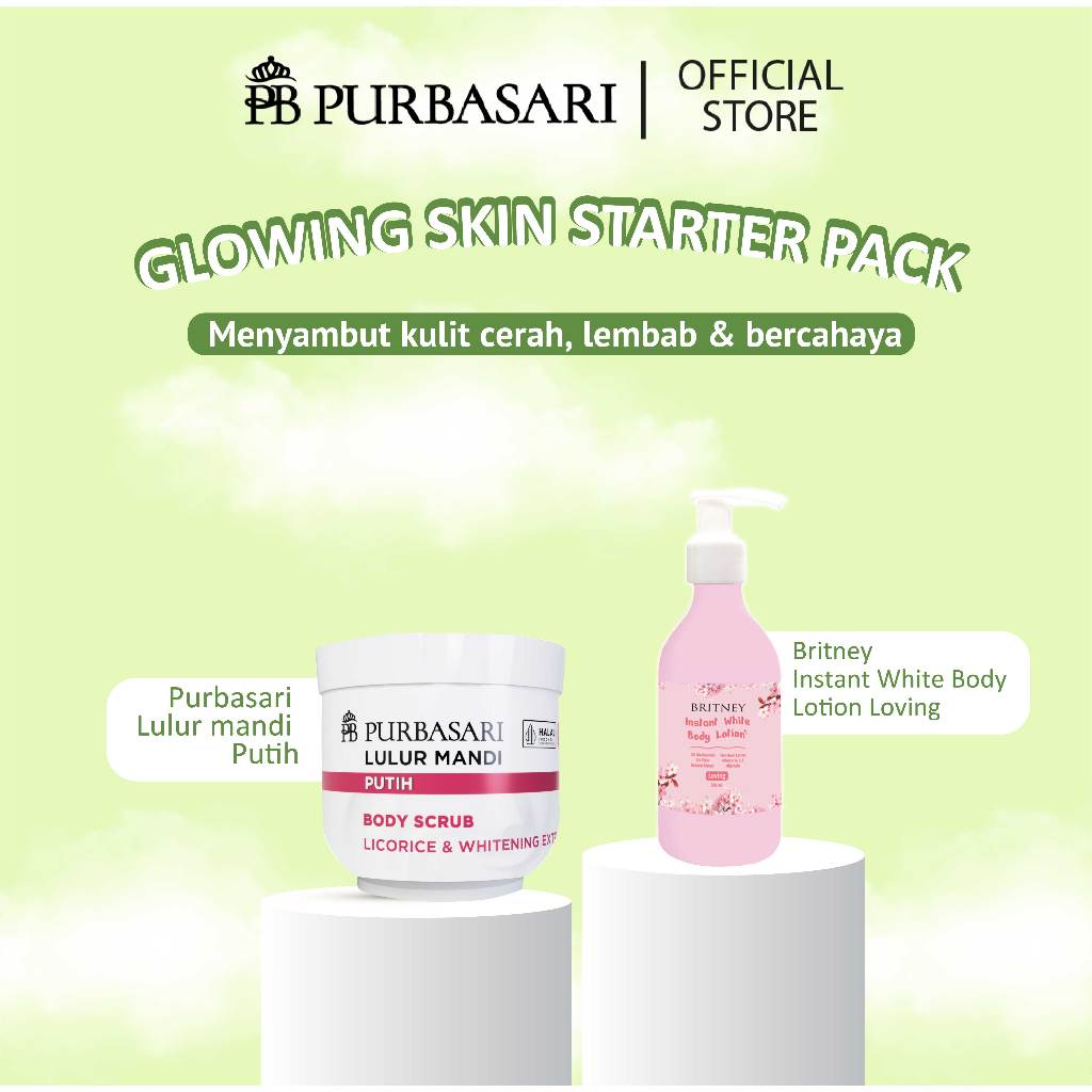 [ISI 2PCS] Purbasari Lulur Mandi Putih 200g + Britney Instant White Body Lotion 300g- Double Mencerahkan Kulit Maksimal