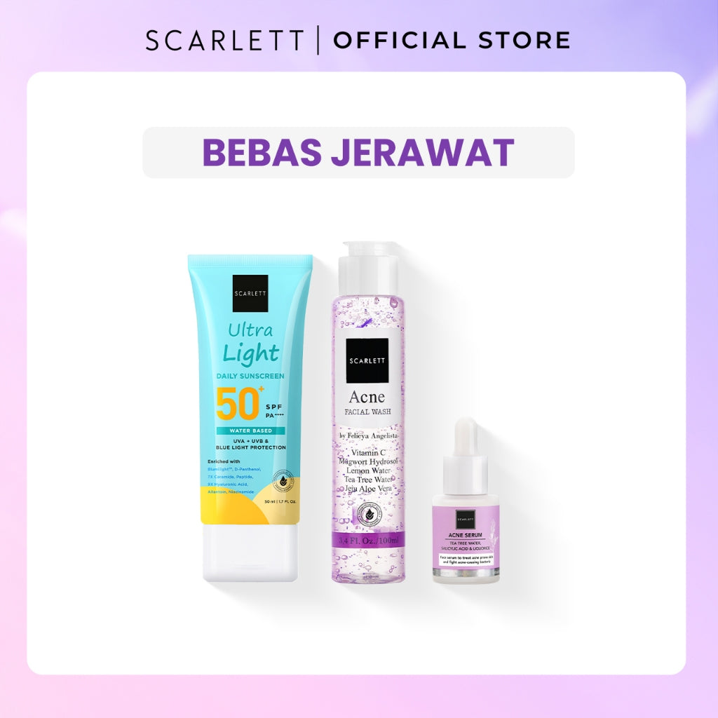 SCARLETT Paket Basic Skincare Cleanser + Moisturizer + Serum + Sunscreen Mencerahkan Wajah Menghilangkan Jerawat
