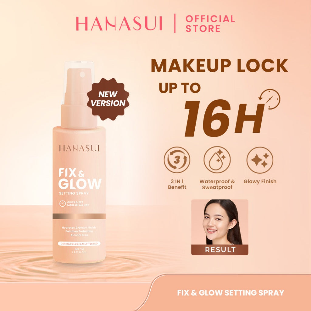 Hanasui Fix & Glow Setting Spray - Setting Spray Glowy Finish Make Up Menghidrasi Kulit MaskProof Tahan Lama