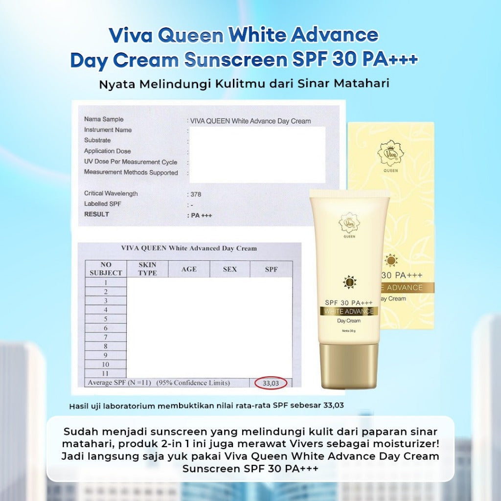 Viva Queen White Advance Day SUNSCREEN Cream SPF 30 PA+++ with NIACINAMIDE, UV A & B & BLUE LIGHT PROTECTION & Extra Emollient & Moisturizer