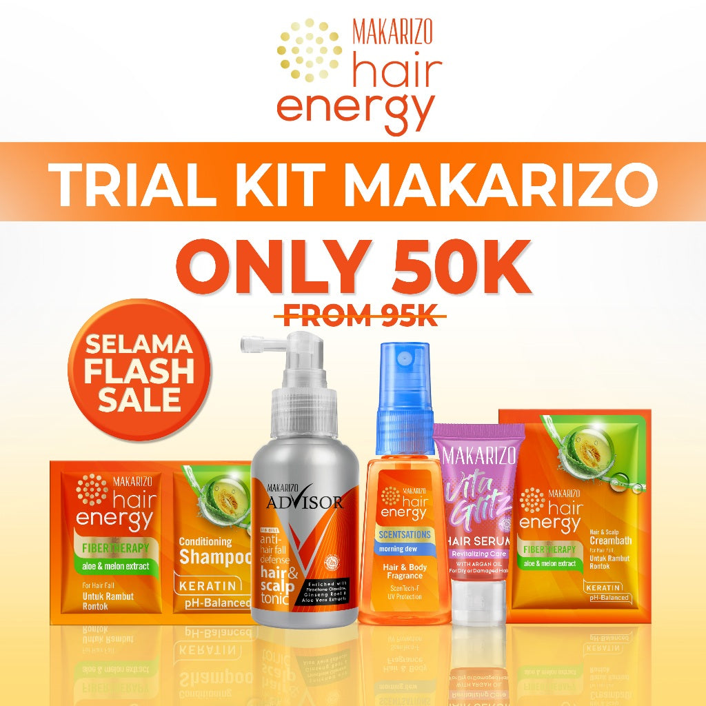 Makarizo Trial Kit - Shampoo Aloe Melon 9ml, Creambath Aloe Melon 60ml, Scentsations Morning Dew 30ml, Vitaglitz Revitalizing Care, Advisor Tonic 65ml
