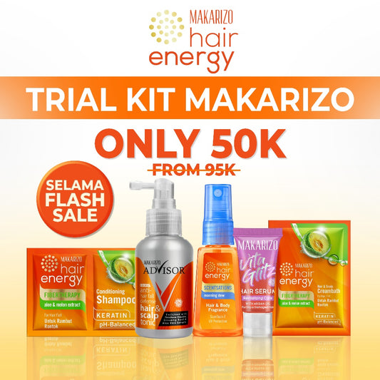 Makarizo Trial Kit - Shampoo Aloe Melon 9ml, Creambath Aloe Melon 60ml, Scentsations Morning Dew 30ml, Vitaglitz Revitalizing Care, Advisor Tonic 65ml