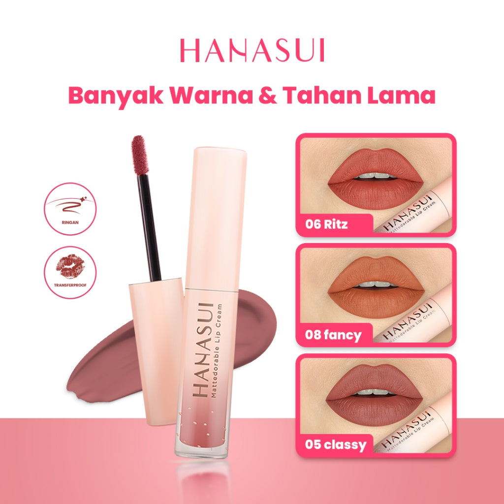 Hanasui Mattedorable Lip Cream - Velvet Matte Finish Melembabkan Ringan Tahan Lama Pigmented Olive Oil Vitamin E