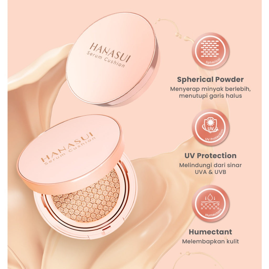 Hanasui Serum Cushion - Flawless Natural Dewy Finish UVA & UVB Protection Perfect Coverage Menyamarkan Pori-Pori Garis Halus Noda Wajah