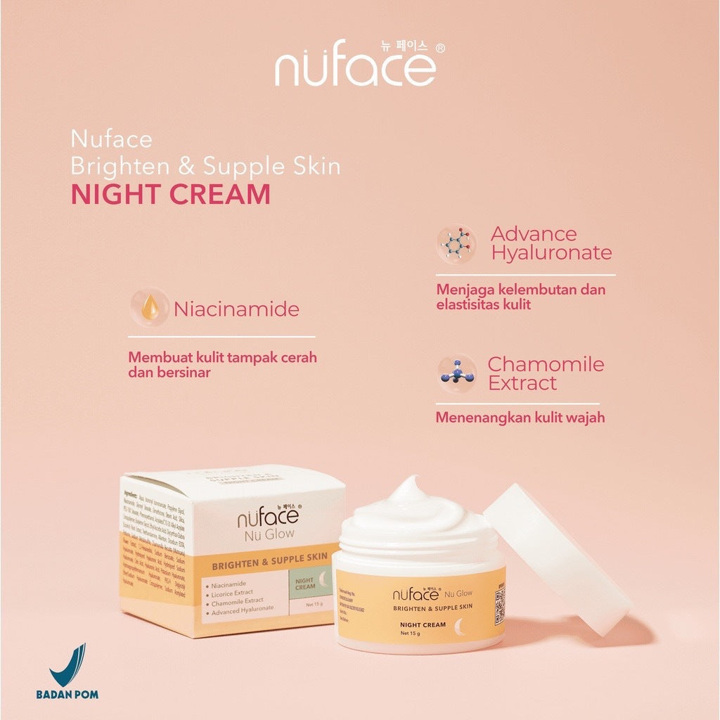 NUFACE Nu Glow Brighten & Supple Skin + Retinol 5 IN 1 Package / Indonesia Paket Wajah 5 Pcs / Facial Wash / Toner Serum / Day Night Cream / Mask / Sunscreen / Moisturizer / Scrub Peeling / Masker / Brightening / Mencerahkan Kulit Wajah Face / Bundle Set