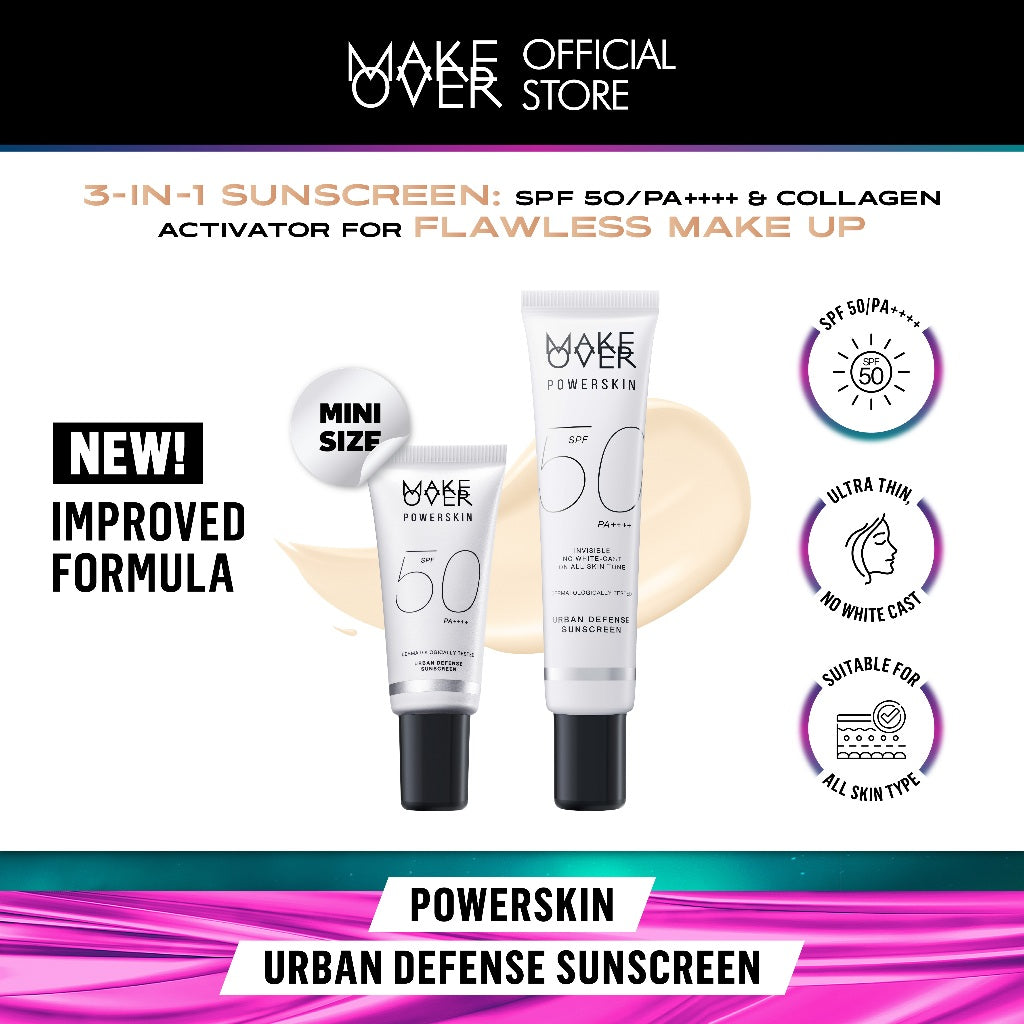 MAKE OVER Powerskin Urban Defense Sunscreen - Proteksi UVA UVB SPF50 PA++++ invisible tidak berwarna ringan tidak whitecast tidak flashback tidak lengket cocok semua warna kulit semua tipe make up