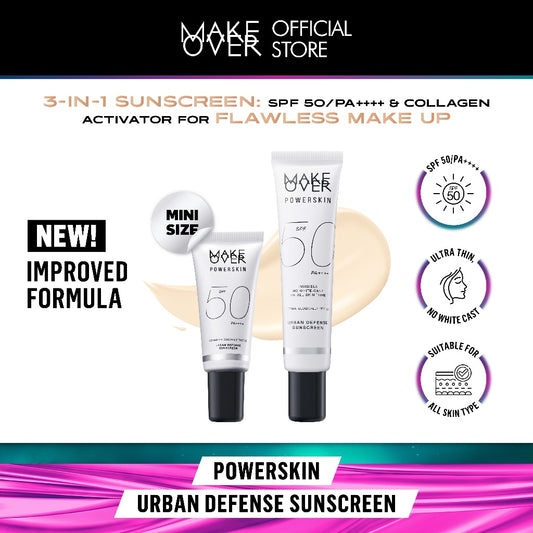 MAKE OVER Powerskin Urban Defense Sunscreen - Proteksi UVA UVB SPF50 PA++++ invisible tidak berwarna ringan tidak whitecast tidak flashback tidak lengket cocok semua warna kulit semua tipe make up