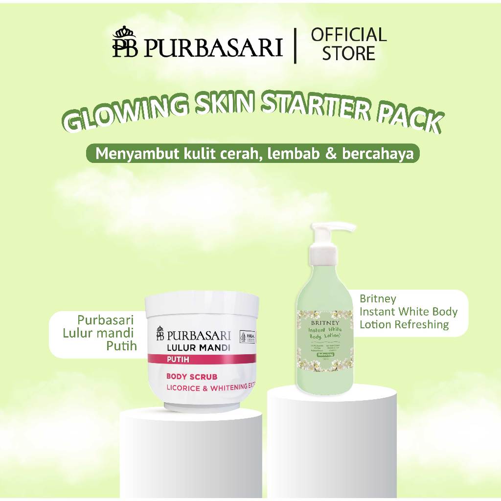 [ISI 2PCS] Purbasari Lulur Mandi Putih 200g + Britney Instant White Body Lotion 300g- Double Mencerahkan Kulit Maksimal