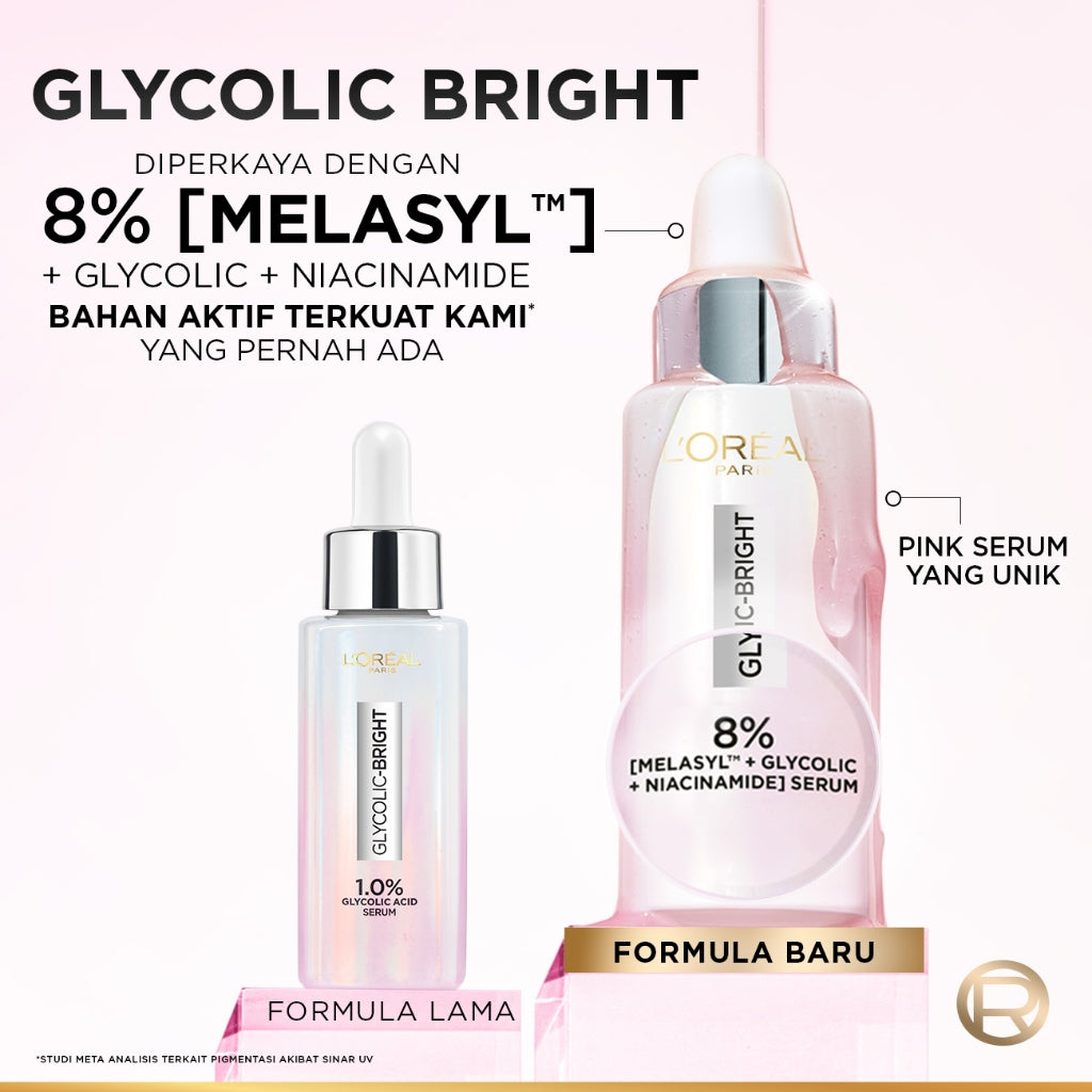 L'Oreal Paris Glycolic Bright 8% [MELASYL + GLYCOLIC + NIACINAMIDE] ANTI-DARK SPOT BRIGHTENING SERUM (Mencerahkan kulit & Menyamarkan Noda hitam bahkan bekas jerawat sekalipun)  Kulit Kusam, Noda Hitam, Bekas Jerawat, Eksfoliasi  Brightening serum