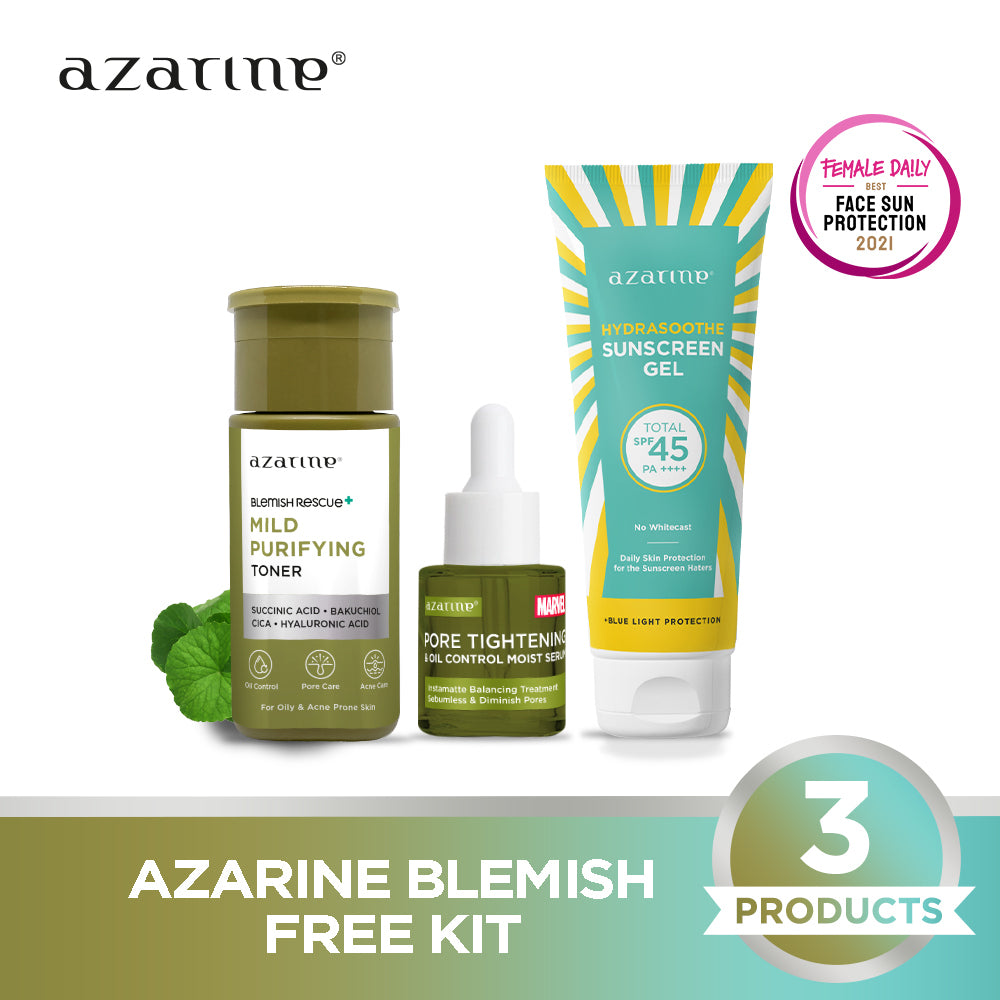 Azarine Basic Skincare Kit (Sunscreen + Toner + Serum) [3PCS] Paket TRIAL KIT KULIT KOMBINASI SENSITIF BERJERAWAT BERMINYAK KERING KUSAM KOMEDO